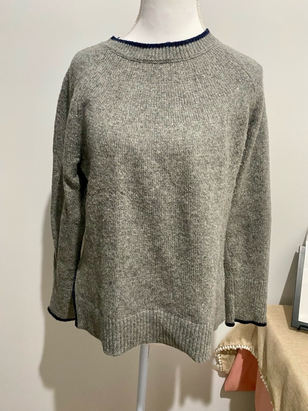 Talbots Heather Gray Crewneck Sweater with Navy Trim